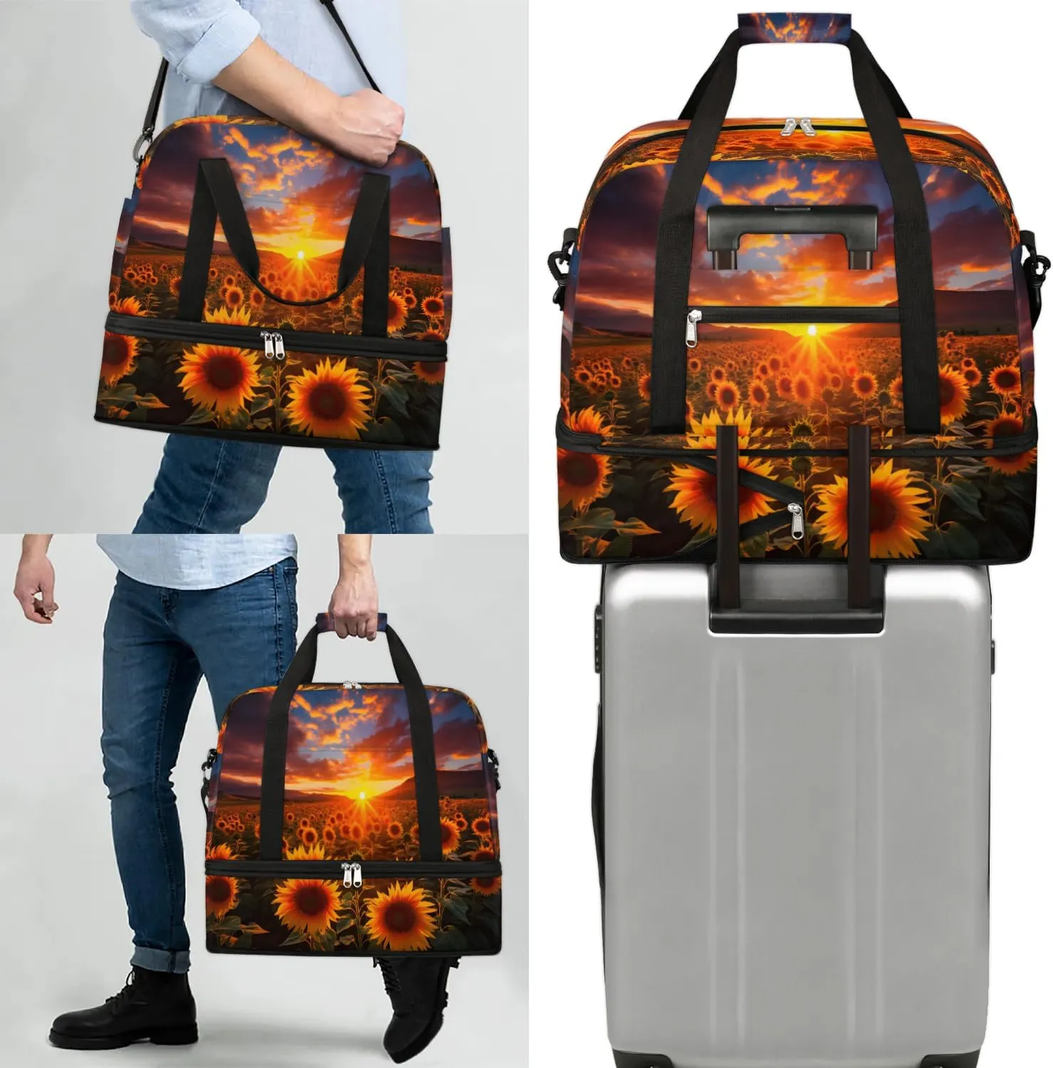 Delicate Flora Print Sunflower Travel Duffle Bag, Collapsible Travel Bag Sports Gym Bag With Shoes Compartment Weekender Bag Overnight Bag For Women Men
