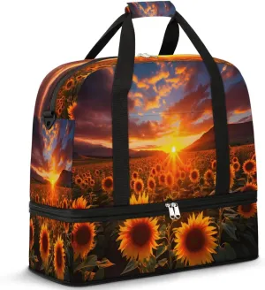 Delicate Flora Print Sunflower Travel Duffle Bag, Collapsible Travel Bag Sports Gym Bag With Shoes Compartment Weekender Bag Overnight Bag For Women Men