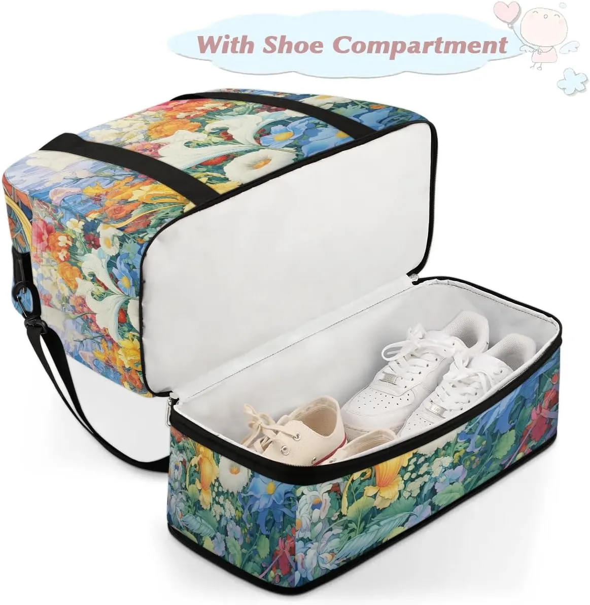 Delicate Flora Retro Printing Travel Duffle Bag, Collapsible Travel Bag Sports Gym Bag With Shoes Compartment Weekender Bag Overnight Bag For Women Men