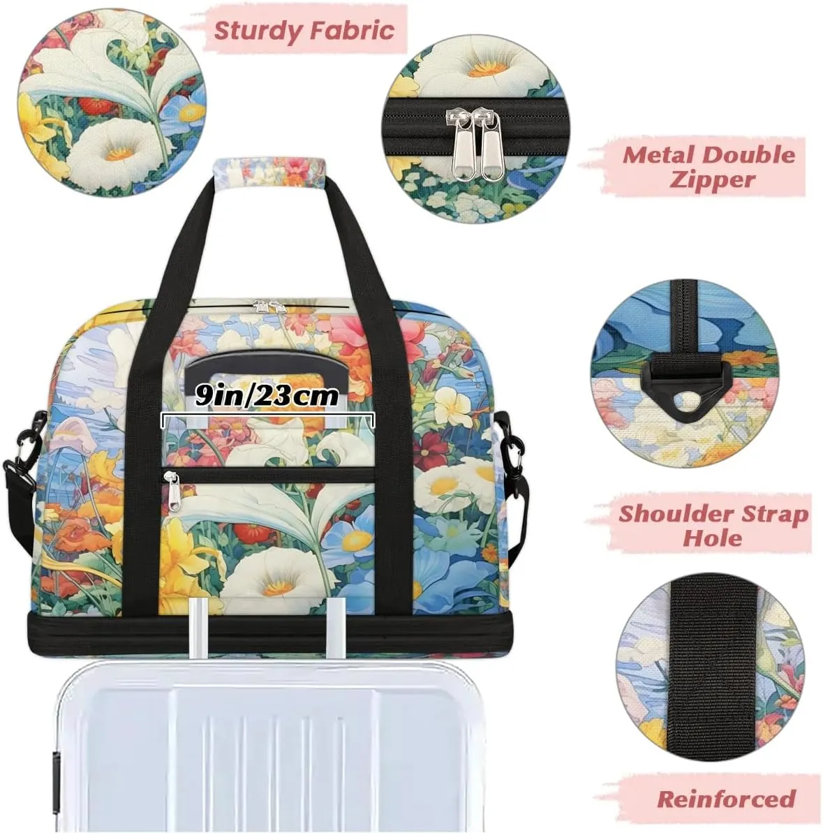 Delicate Flora Retro Printing Travel Duffle Bag, Collapsible Travel Bag Sports Gym Bag With Shoes Compartment Weekender Bag Overnight Bag For Women Men