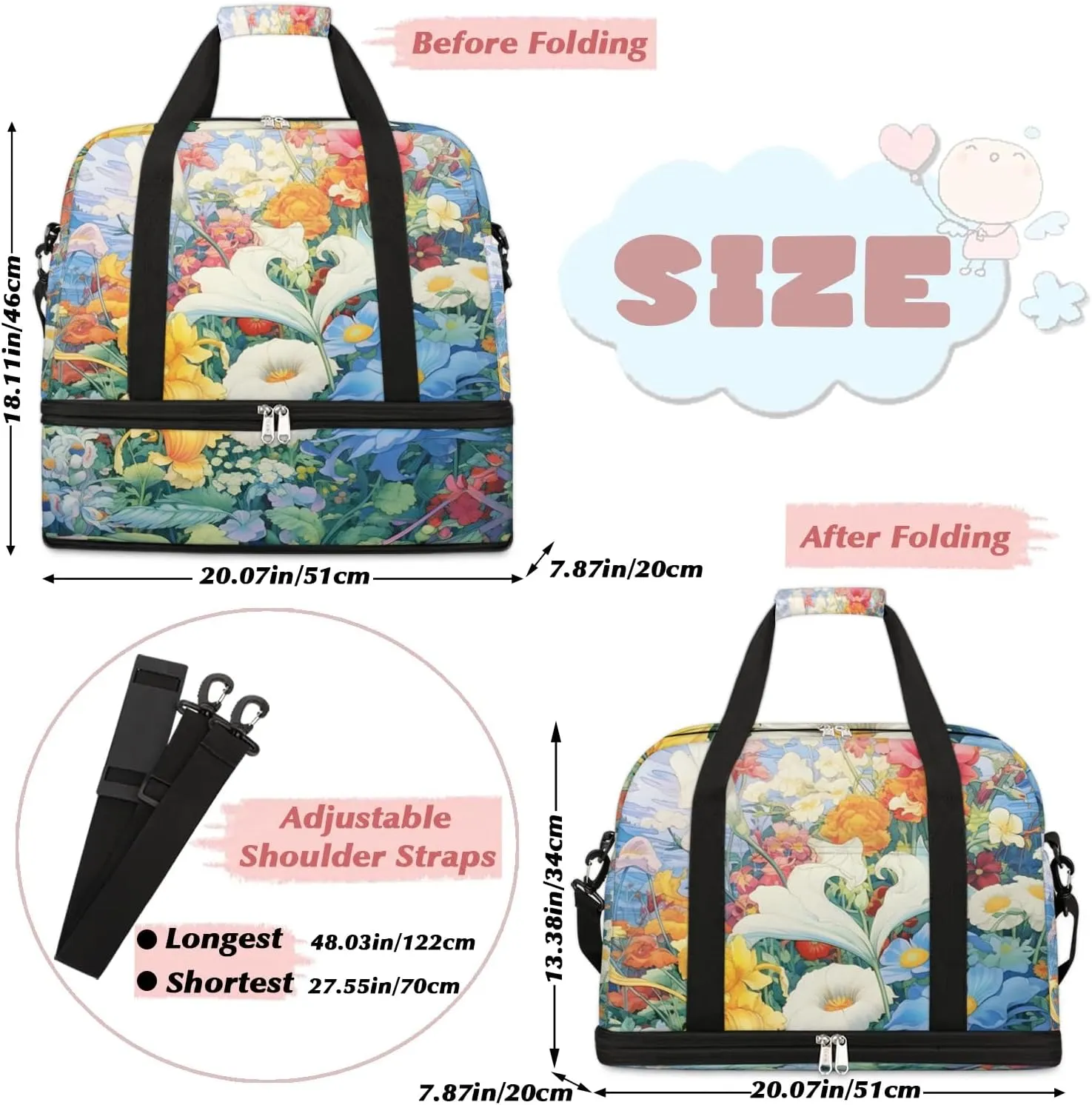 Delicate Flora Retro Printing Travel Duffle Bag, Collapsible Travel Bag Sports Gym Bag With Shoes Compartment Weekender Bag Overnight Bag For Women Men