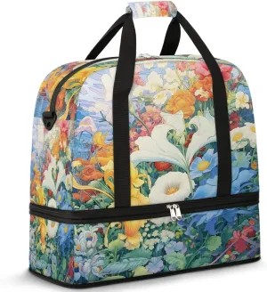 Delicate Flora Retro Printing Travel Duffle Bag, Collapsible Travel Bag Sports Gym Bag With Shoes Compartment Weekender Bag Overnight Bag For Women Men
