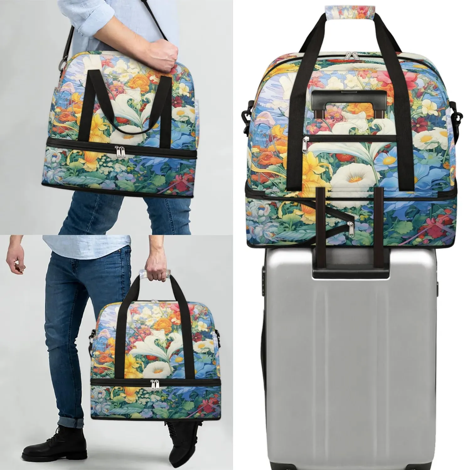 Delicate Flora Retro Printing Travel Duffle Bag, Collapsible Travel Bag Sports Gym Bag With Shoes Compartment Weekender Bag Overnight Bag For Women Men
