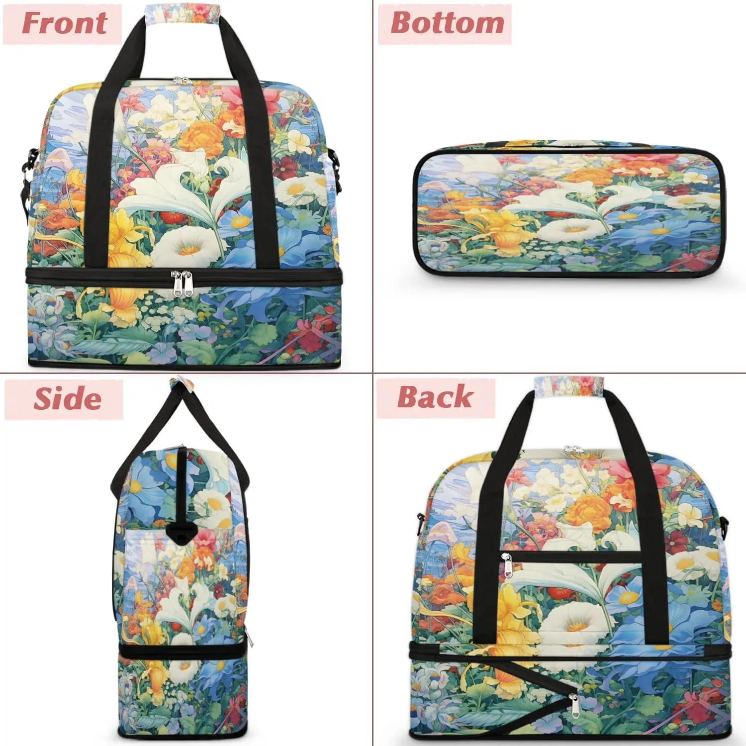 Delicate Flora Retro Printing Travel Duffle Bag, Collapsible Travel Bag Sports Gym Bag With Shoes Compartment Weekender Bag Overnight Bag For Women Men