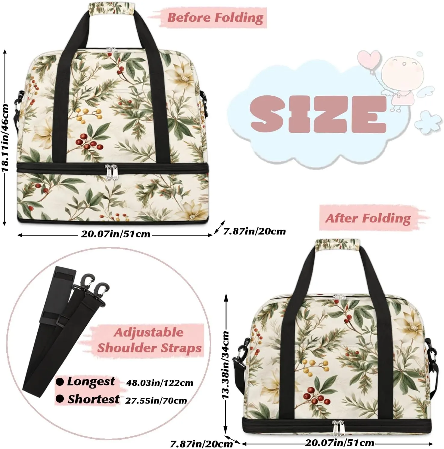 Delicate Flowers Patterns Retro Travel Duffle Bag, Collapsible Travel Bag Sports Gym Bag With Shoes Compartment Weekender Bag Overnight Bag For Women Men