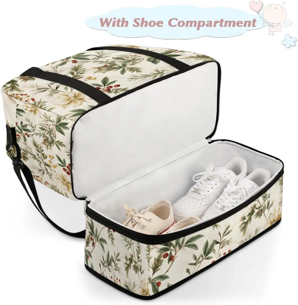 Delicate Flowers Patterns Retro Travel Duffle Bag, Collapsible Travel Bag Sports Gym Bag With Shoes Compartment Weekender Bag Overnight Bag For Women Men