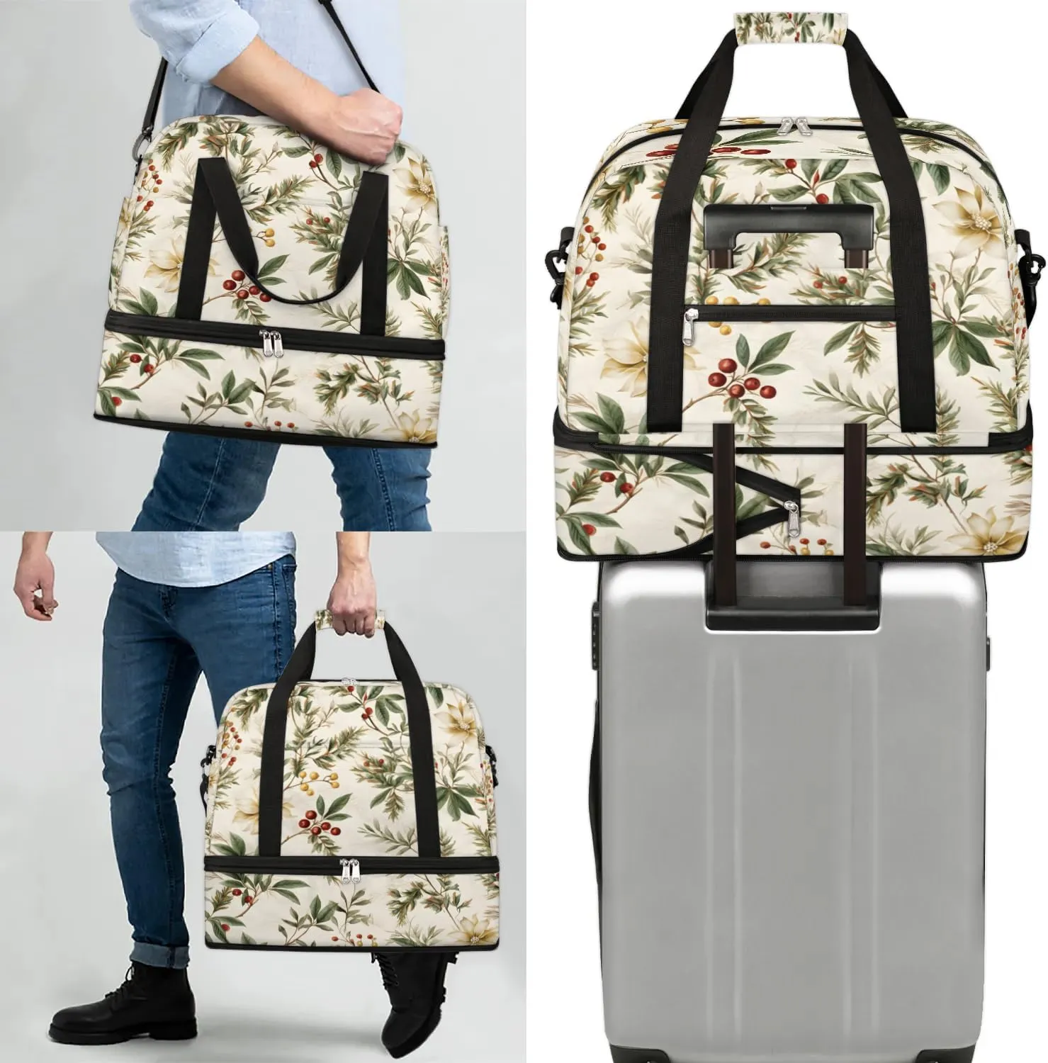 Delicate Flowers Patterns Retro Travel Duffle Bag, Collapsible Travel Bag Sports Gym Bag With Shoes Compartment Weekender Bag Overnight Bag For Women Men
