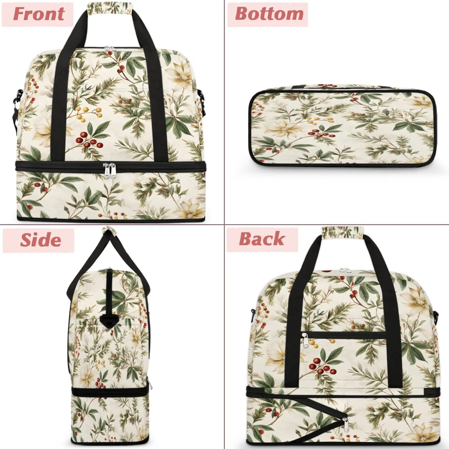 Delicate Flowers Patterns Retro Travel Duffle Bag, Collapsible Travel Bag Sports Gym Bag With Shoes Compartment Weekender Bag Overnight Bag For Women Men