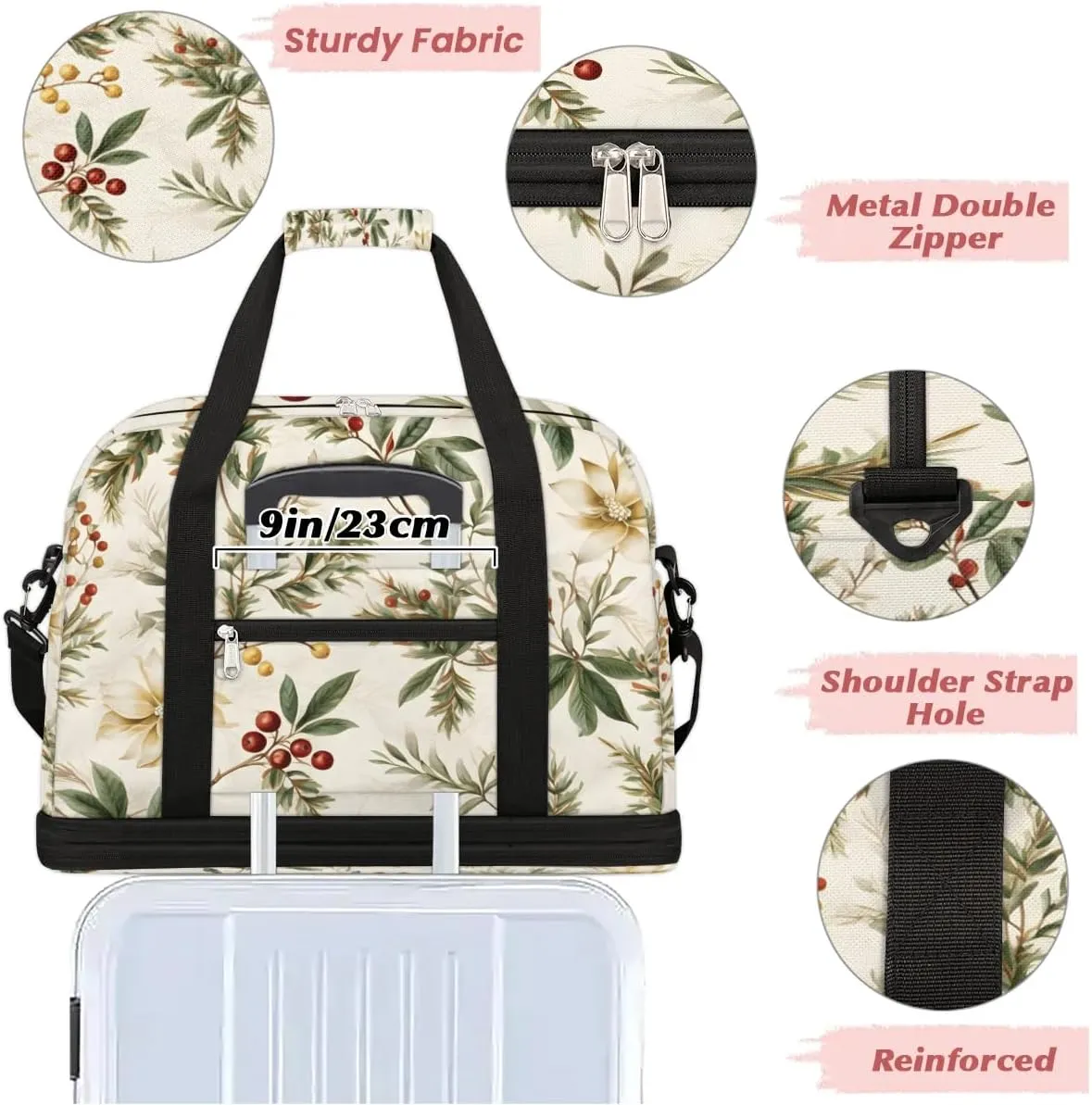 Delicate Flowers Patterns Retro Travel Duffle Bag, Collapsible Travel Bag Sports Gym Bag With Shoes Compartment Weekender Bag Overnight Bag For Women Men