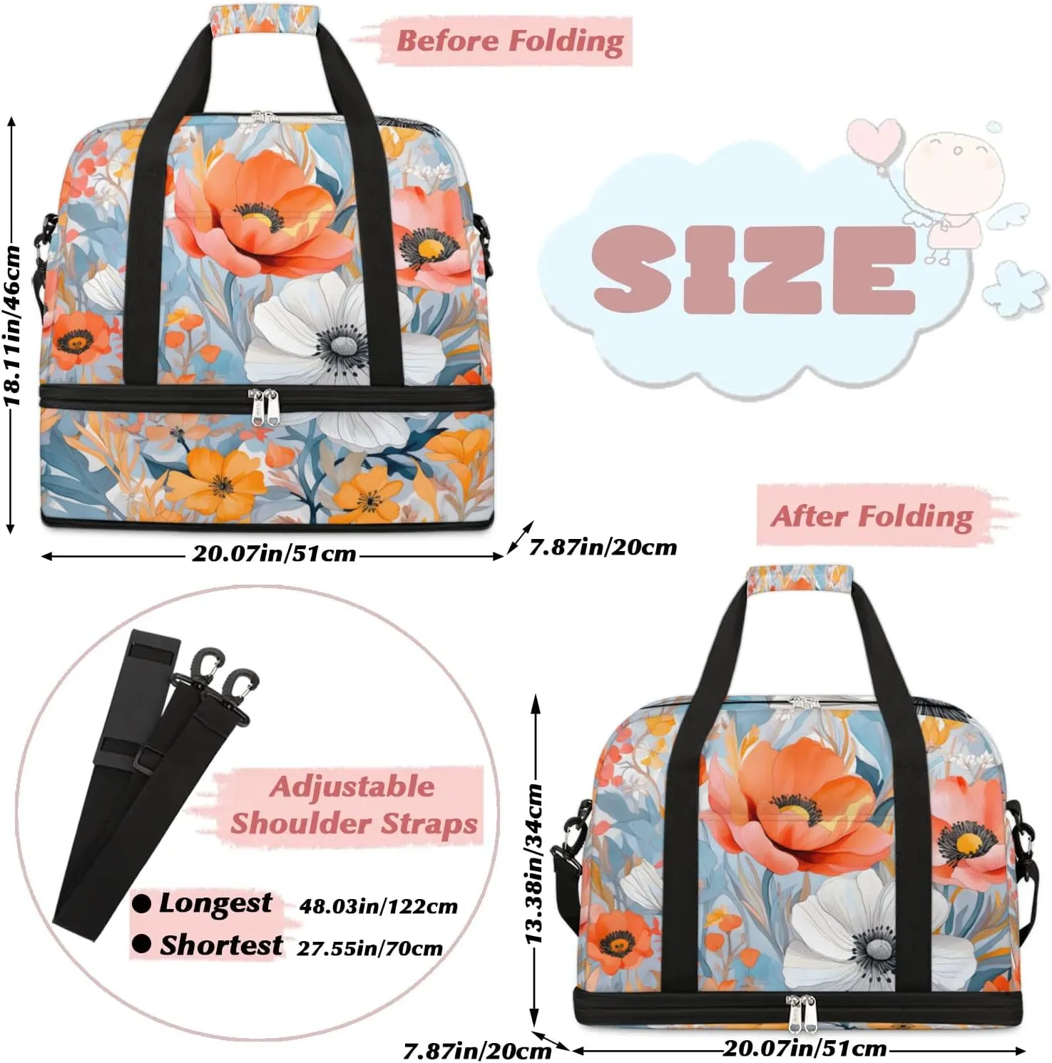 Delicate Pattern Flower Retro Travel Duffle Bag, Collapsible Travel Bag Sports Gym Bag With Shoes Compartment Weekender Bag Overnight Bag For Women Men