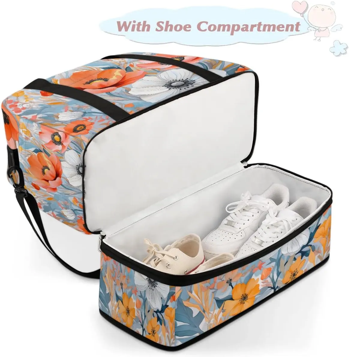 Delicate Pattern Flower Retro Travel Duffle Bag, Collapsible Travel Bag Sports Gym Bag With Shoes Compartment Weekender Bag Overnight Bag For Women Men