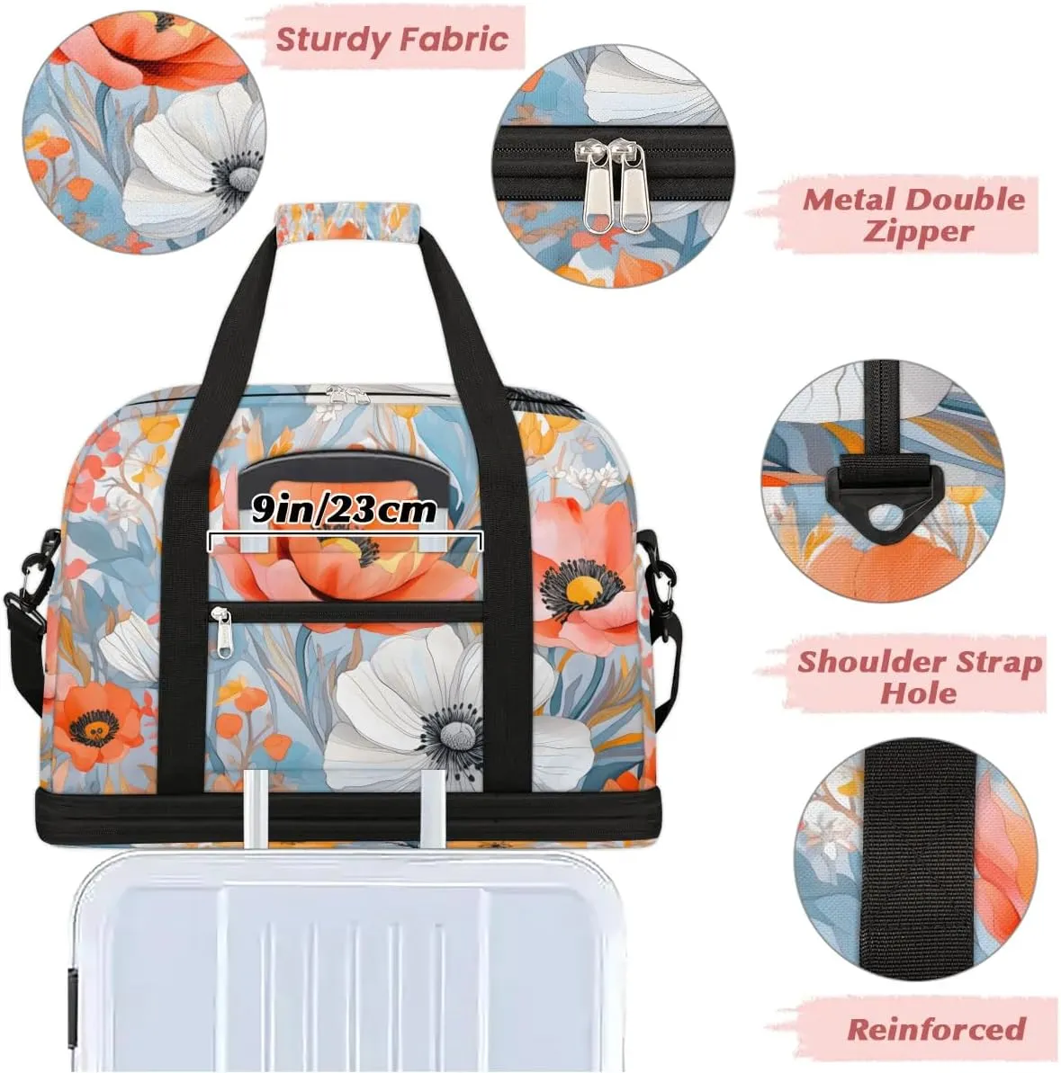 Delicate Pattern Flower Retro Travel Duffle Bag, Collapsible Travel Bag Sports Gym Bag With Shoes Compartment Weekender Bag Overnight Bag For Women Men