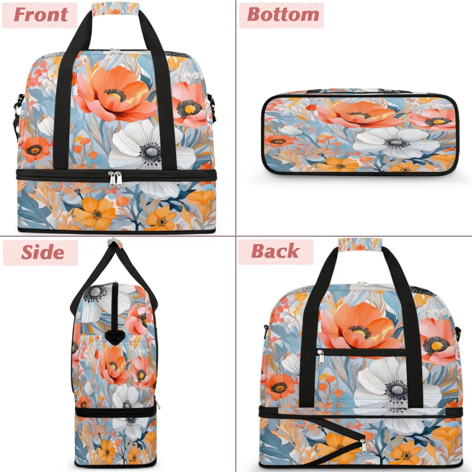 Delicate Pattern Flower Retro Travel Duffle Bag, Collapsible Travel Bag Sports Gym Bag With Shoes Compartment Weekender Bag Overnight Bag For Women Men