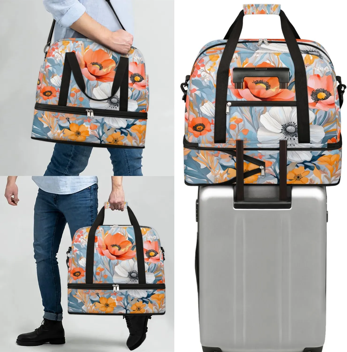 Delicate Pattern Flower Retro Travel Duffle Bag, Collapsible Travel Bag Sports Gym Bag With Shoes Compartment Weekender Bag Overnight Bag For Women Men