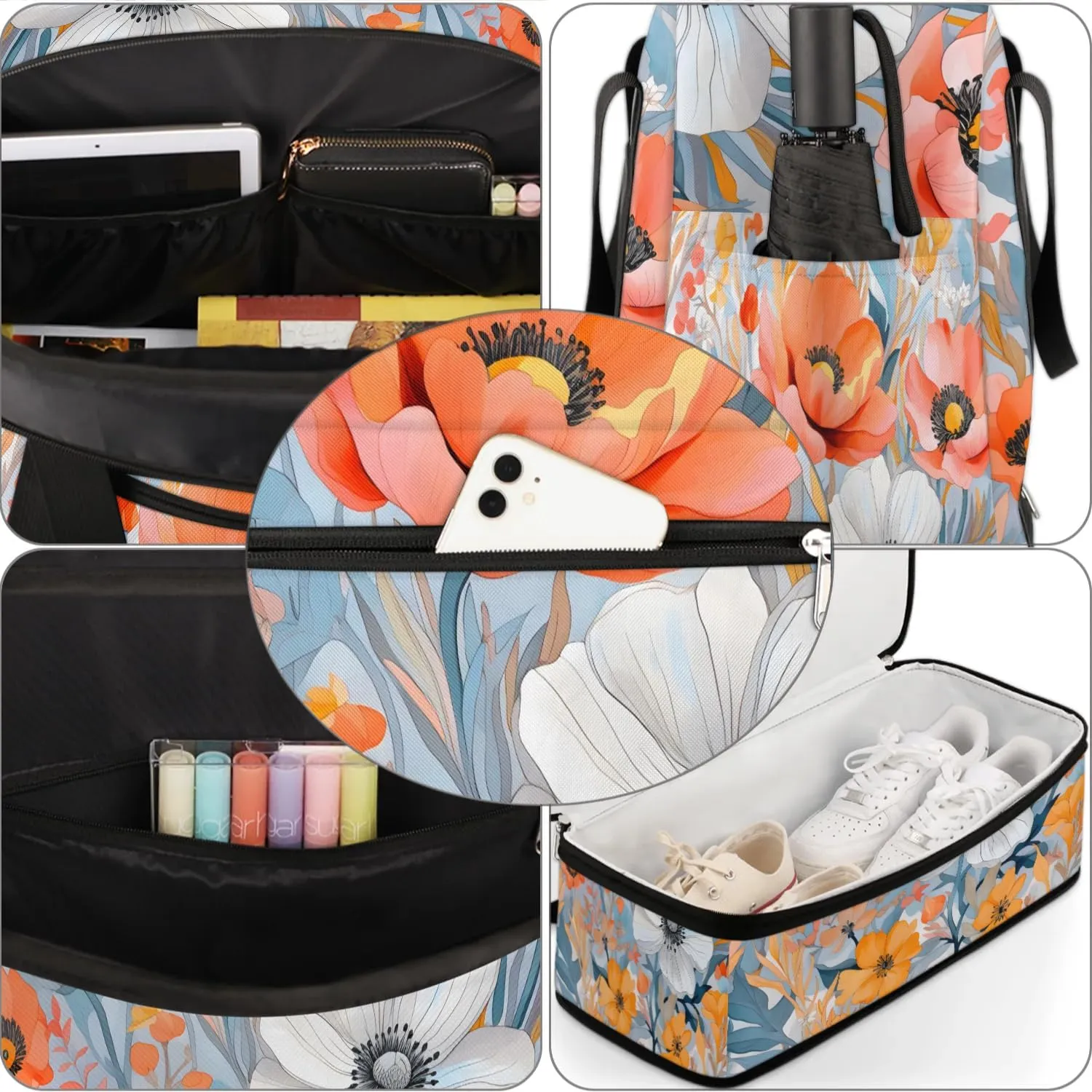 Delicate Pattern Flower Retro Travel Duffle Bag, Collapsible Travel Bag Sports Gym Bag With Shoes Compartment Weekender Bag Overnight Bag For Women Men