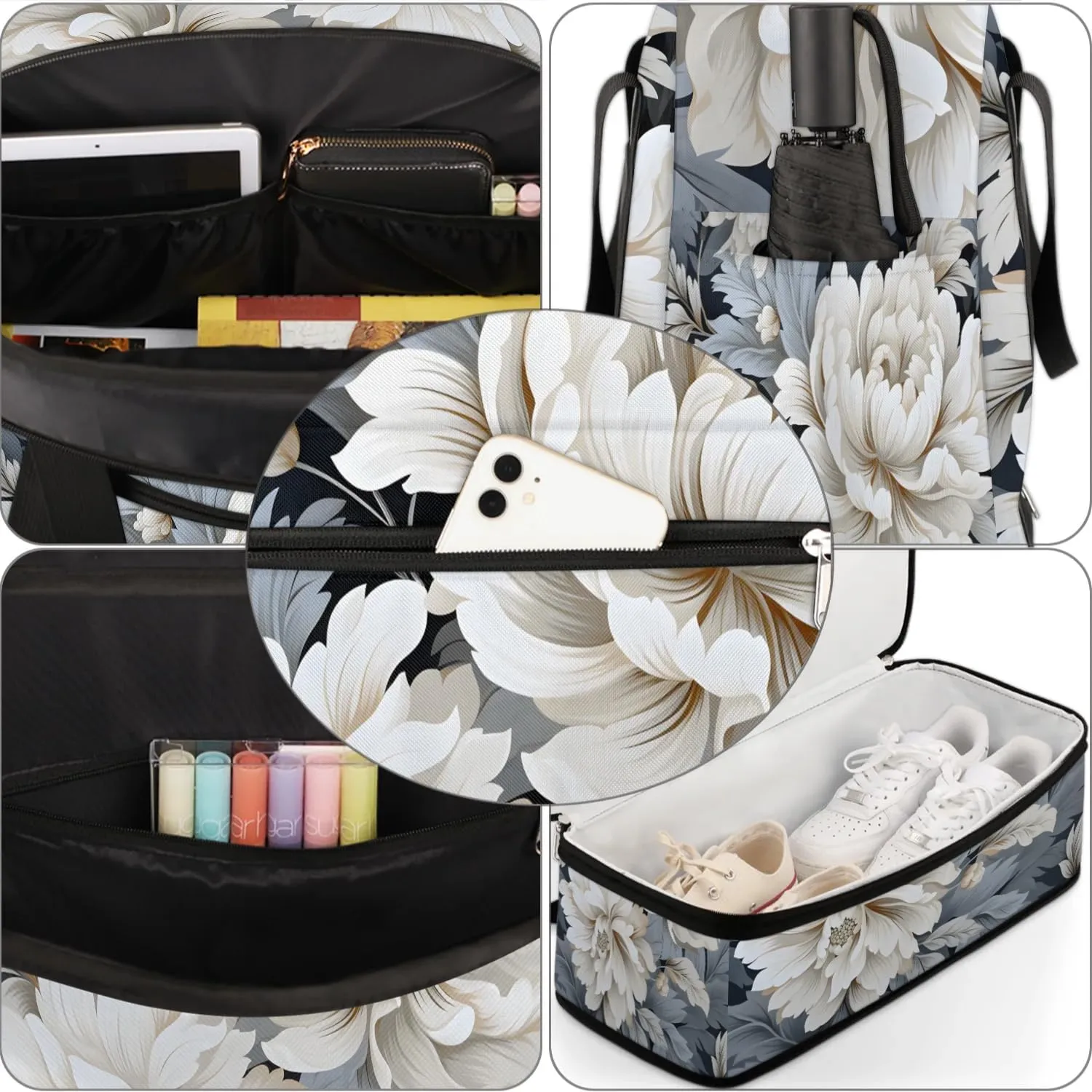Delicate Pattern Retro Flower Travel Duffle Bag, Collapsible Travel Bag Sports Gym Bag With Shoes Compartment Weekender Bag Overnight Bag For Women Men