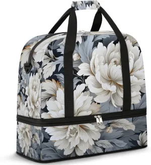 Delicate Pattern Retro Flower Travel Duffle Bag, Collapsible Travel Bag Sports Gym Bag With Shoes Compartment Weekender Bag Overnight Bag For Women Men