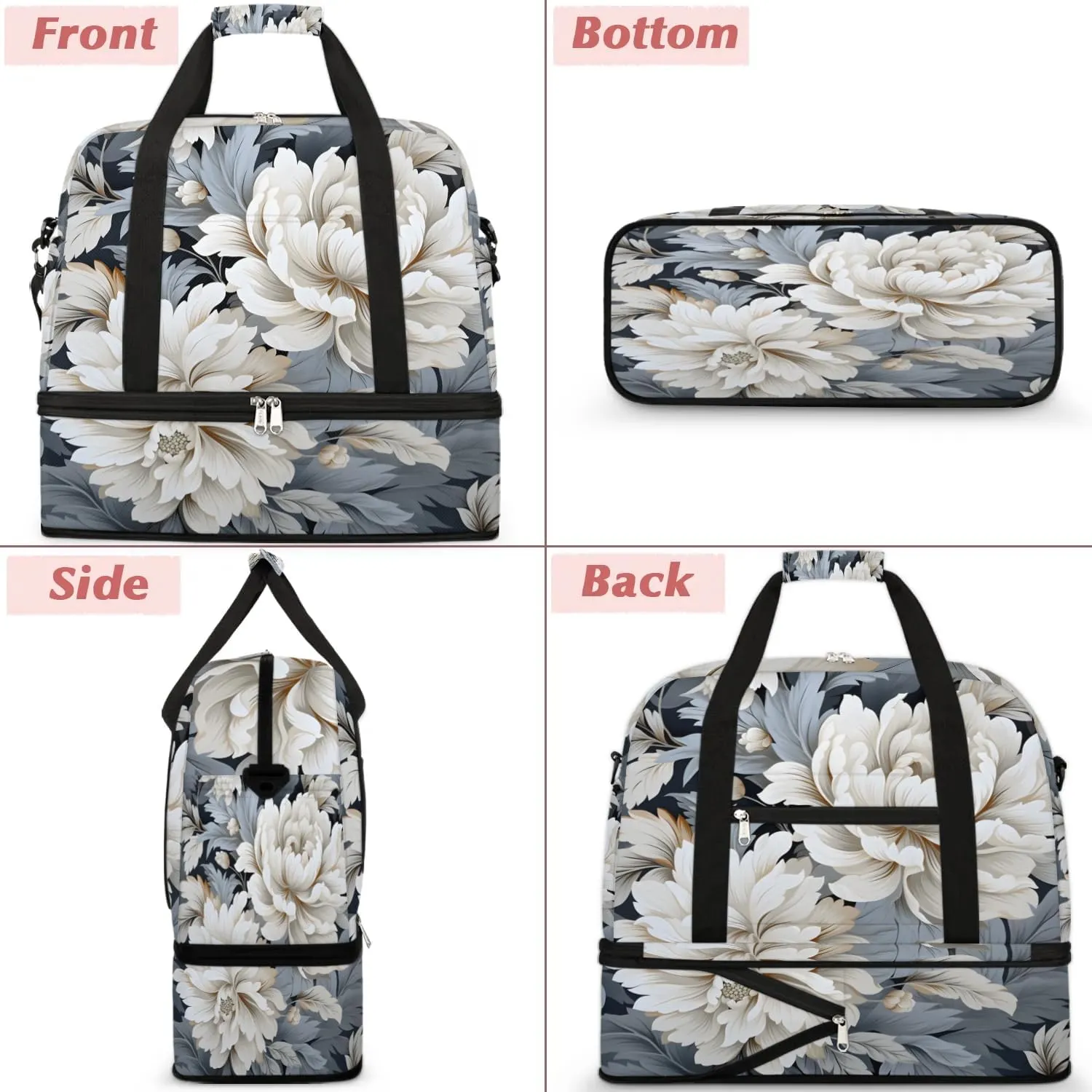 Delicate Pattern Retro Flower Travel Duffle Bag, Collapsible Travel Bag Sports Gym Bag With Shoes Compartment Weekender Bag Overnight Bag For Women Men