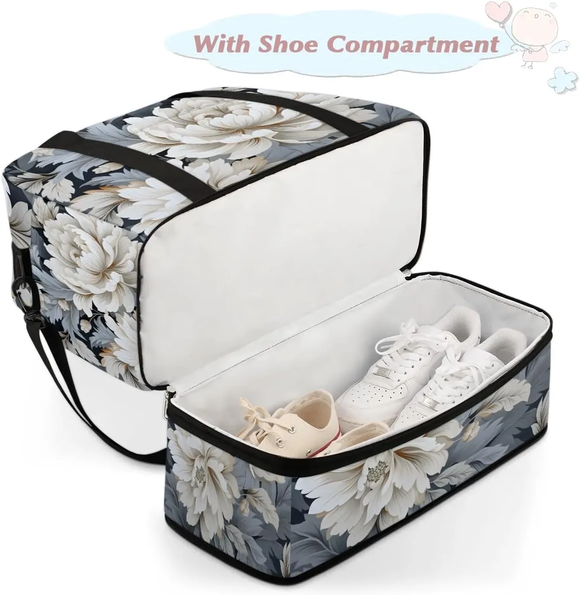 Delicate Pattern Retro Flower Travel Duffle Bag, Collapsible Travel Bag Sports Gym Bag With Shoes Compartment Weekender Bag Overnight Bag For Women Men