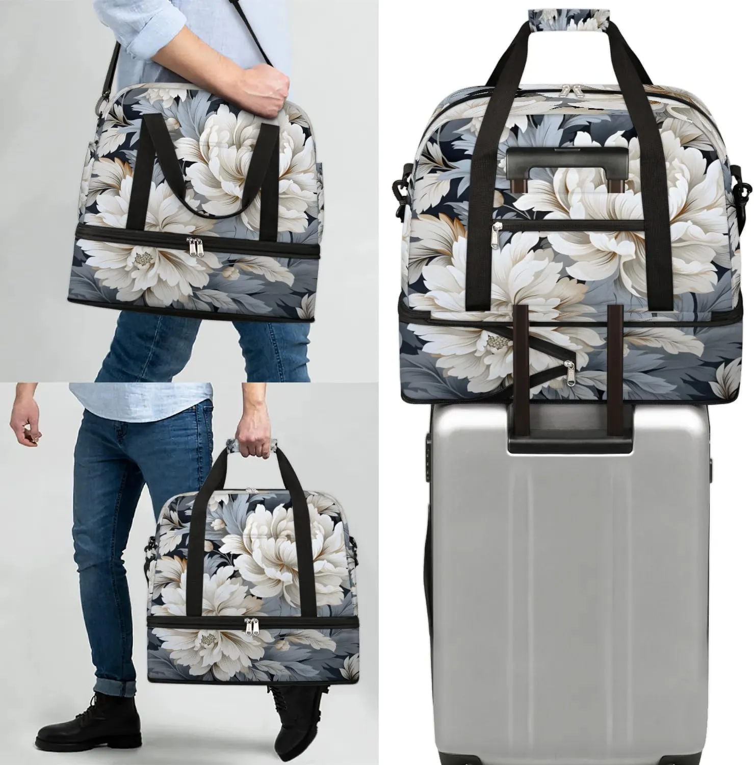 Delicate Pattern Retro Flower Travel Duffle Bag, Collapsible Travel Bag Sports Gym Bag With Shoes Compartment Weekender Bag Overnight Bag For Women Men