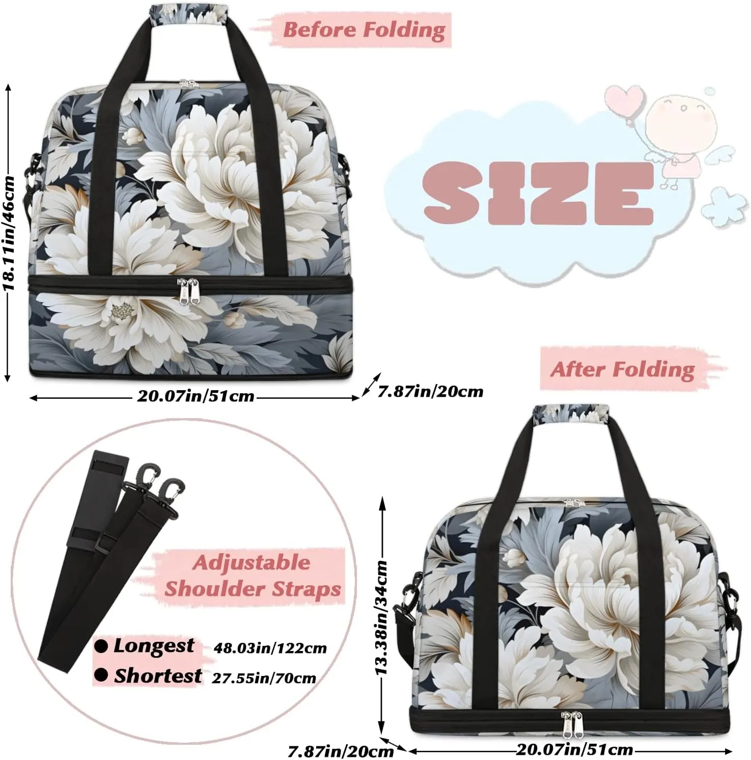 Delicate Pattern Retro Flower Travel Duffle Bag, Collapsible Travel Bag Sports Gym Bag With Shoes Compartment Weekender Bag Overnight Bag For Women Men