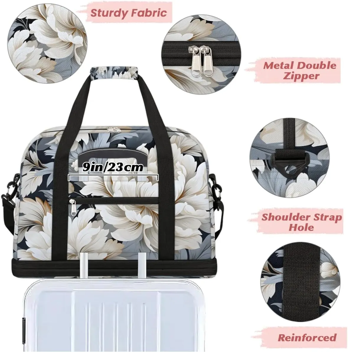 Delicate Pattern Retro Flower Travel Duffle Bag, Collapsible Travel Bag Sports Gym Bag With Shoes Compartment Weekender Bag Overnight Bag For Women Men