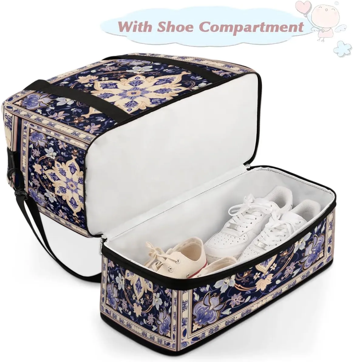 Delicate Print Flower Travel Duffle Bag, Collapsible Travel Bag Sports Gym Bag With Shoes Compartment Weekender Bag Overnight Bag For Women Men