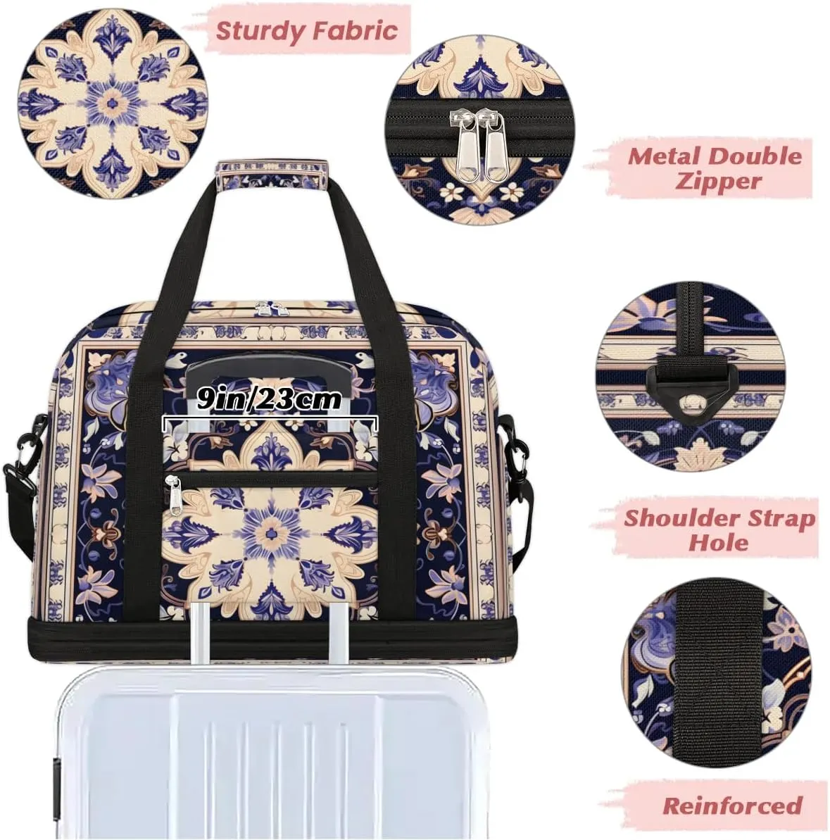 Delicate Print Flower Travel Duffle Bag, Collapsible Travel Bag Sports Gym Bag With Shoes Compartment Weekender Bag Overnight Bag For Women Men