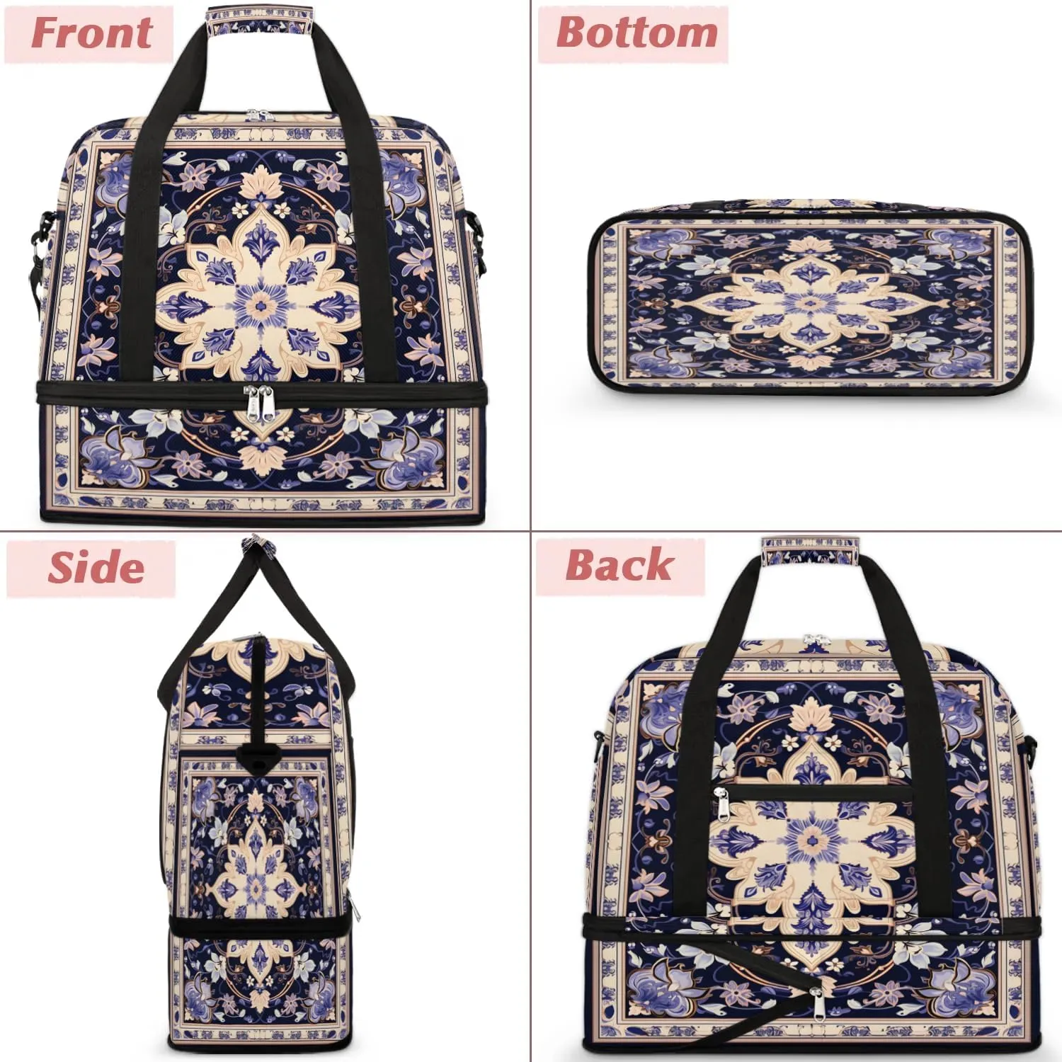 Delicate Print Flower Travel Duffle Bag, Collapsible Travel Bag Sports Gym Bag With Shoes Compartment Weekender Bag Overnight Bag For Women Men