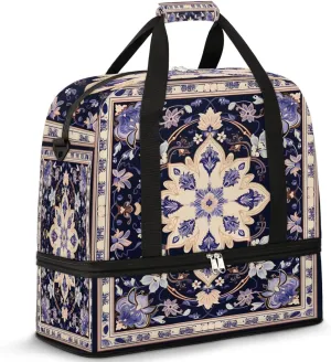 Delicate Print Flower Travel Duffle Bag, Collapsible Travel Bag Sports Gym Bag With Shoes Compartment Weekender Bag Overnight Bag For Women Men