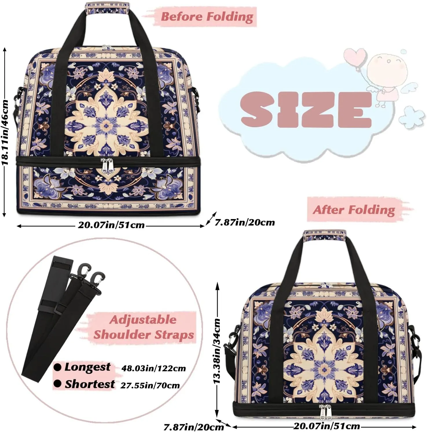 Delicate Print Flower Travel Duffle Bag, Collapsible Travel Bag Sports Gym Bag With Shoes Compartment Weekender Bag Overnight Bag For Women Men
