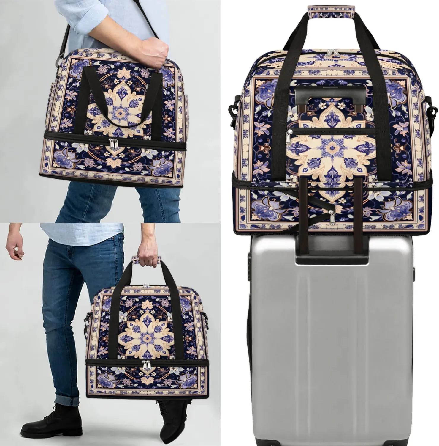 Delicate Print Flower Travel Duffle Bag, Collapsible Travel Bag Sports Gym Bag With Shoes Compartment Weekender Bag Overnight Bag For Women Men