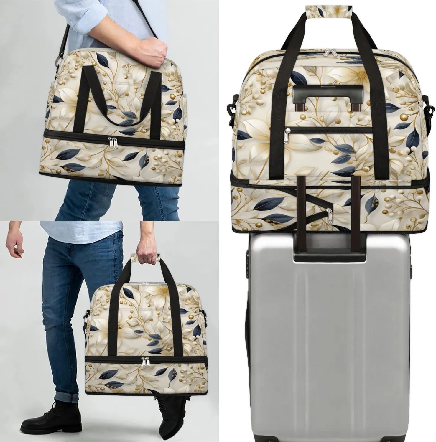 Delicate Print Flowers Travel Duffle Bag, Collapsible Travel Bag Sports Gym Bag With Shoes Compartment Weekender Bag Overnight Bag For Women Men