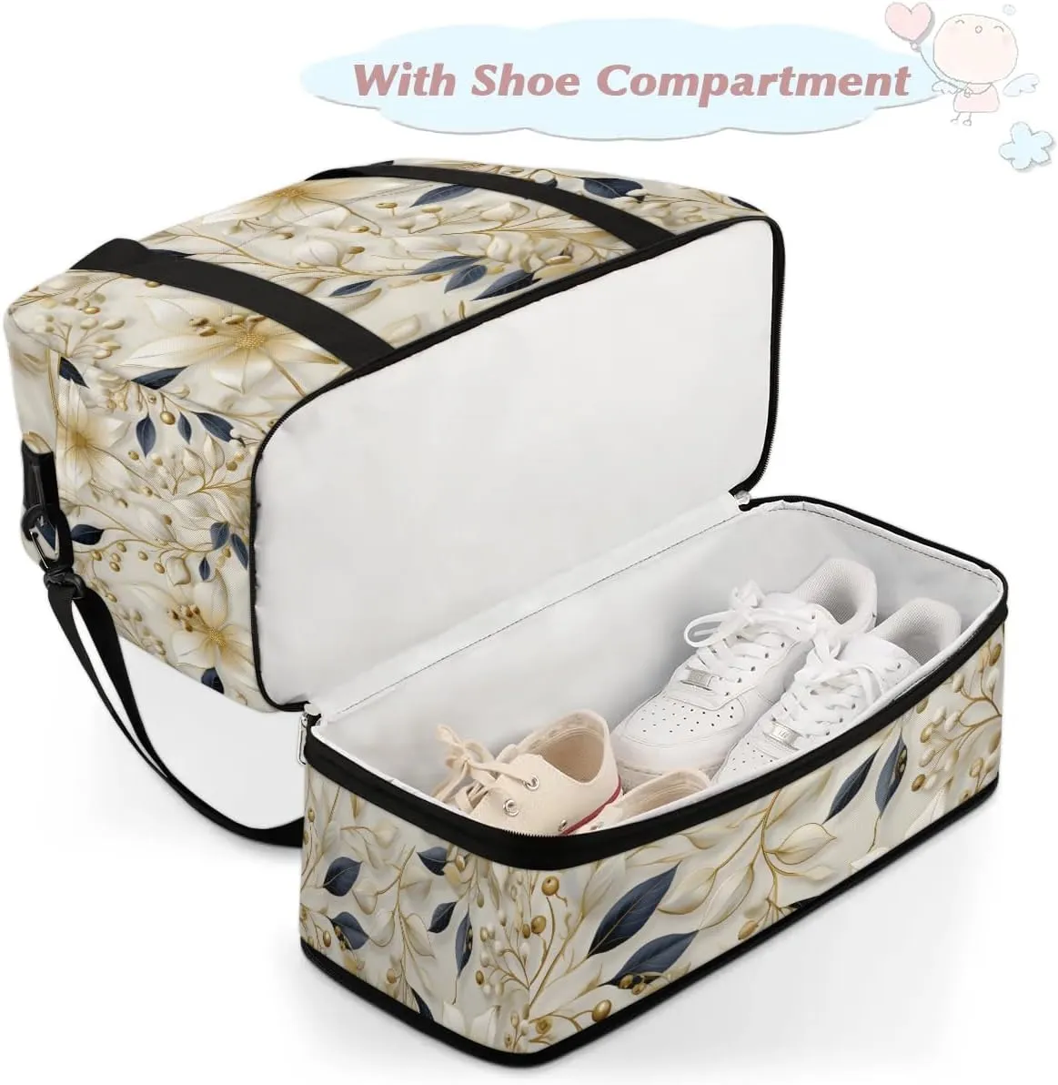 Delicate Print Flowers Travel Duffle Bag, Collapsible Travel Bag Sports Gym Bag With Shoes Compartment Weekender Bag Overnight Bag For Women Men