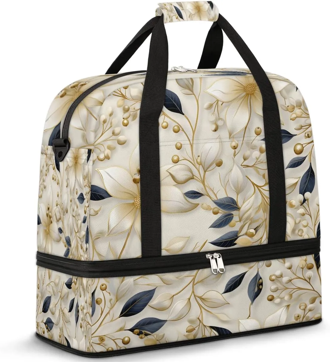 Delicate Print Flowers Travel Duffle Bag, Collapsible Travel Bag Sports Gym Bag With Shoes Compartment Weekender Bag Overnight Bag For Women Men