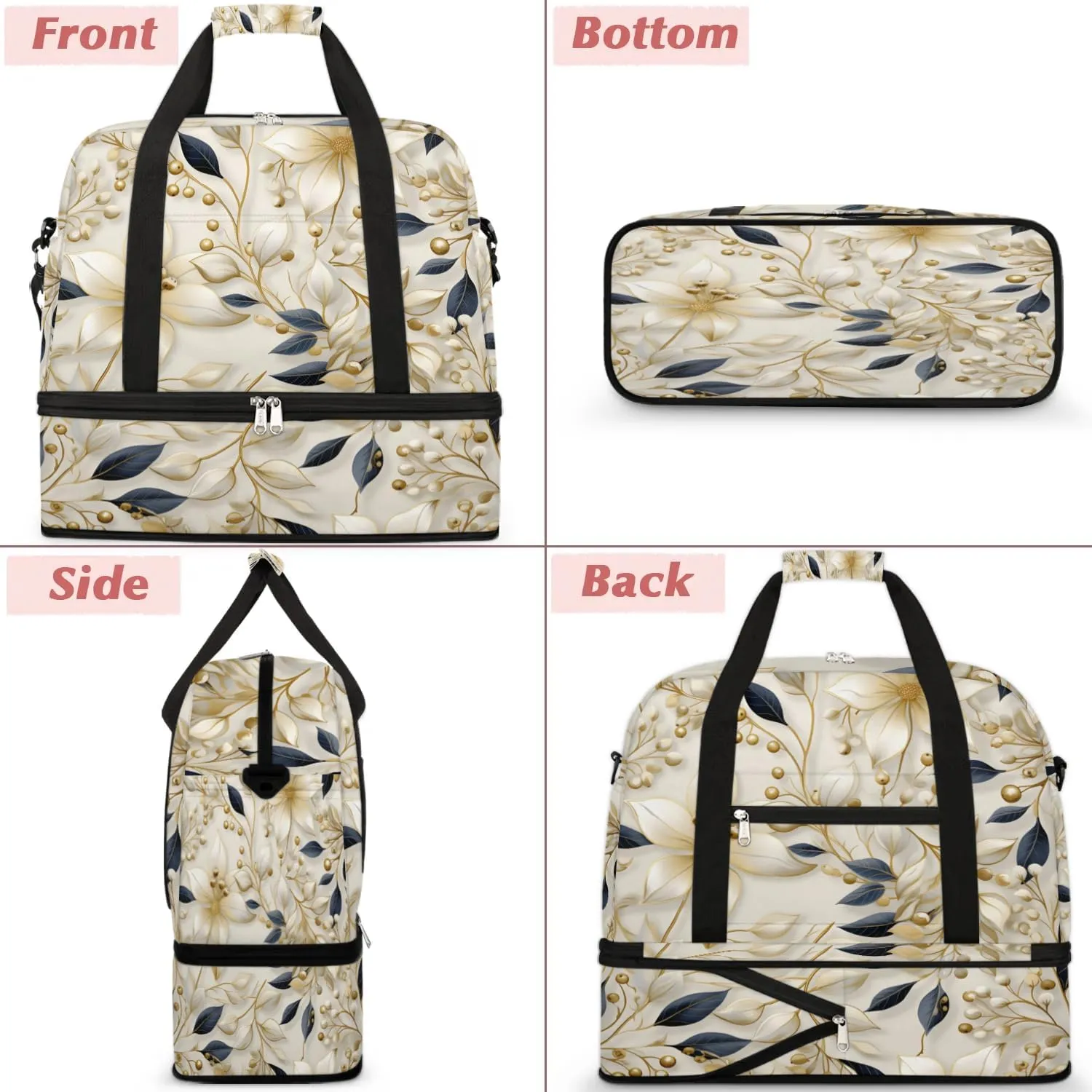 Delicate Print Flowers Travel Duffle Bag, Collapsible Travel Bag Sports Gym Bag With Shoes Compartment Weekender Bag Overnight Bag For Women Men