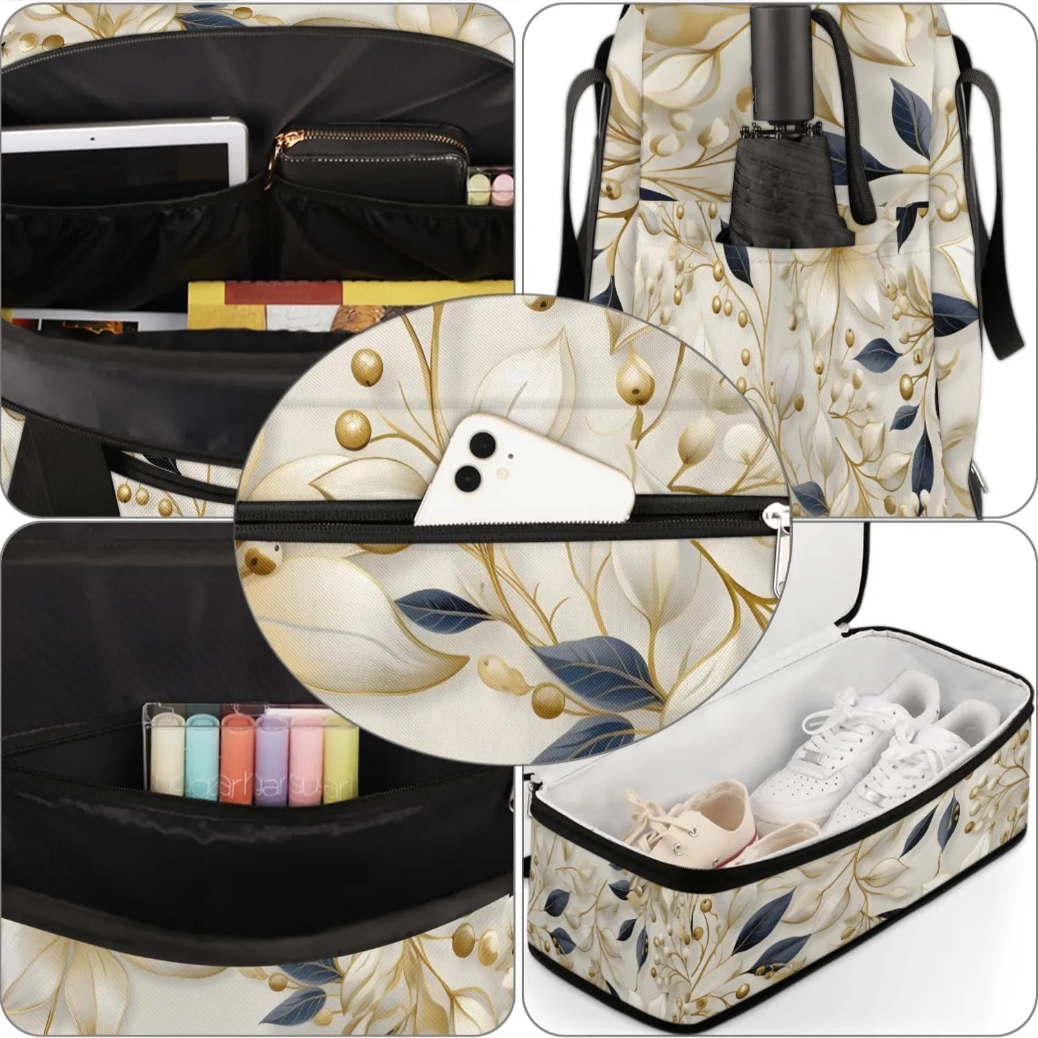 Delicate Print Flowers Travel Duffle Bag, Collapsible Travel Bag Sports Gym Bag With Shoes Compartment Weekender Bag Overnight Bag For Women Men