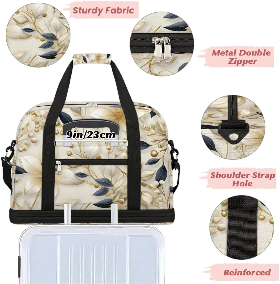 Delicate Print Flowers Travel Duffle Bag, Collapsible Travel Bag Sports Gym Bag With Shoes Compartment Weekender Bag Overnight Bag For Women Men