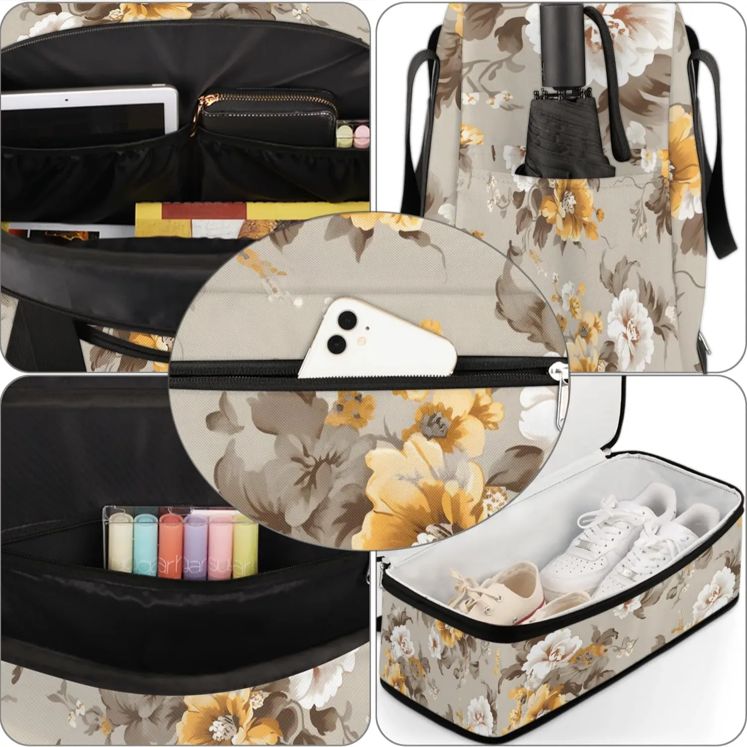 Delicate Retro Flora Prints Travel Duffle Bag, Collapsible Travel Bag Sports Gym Bag With Shoes Compartment Weekender Bag Overnight Bag For Women Men