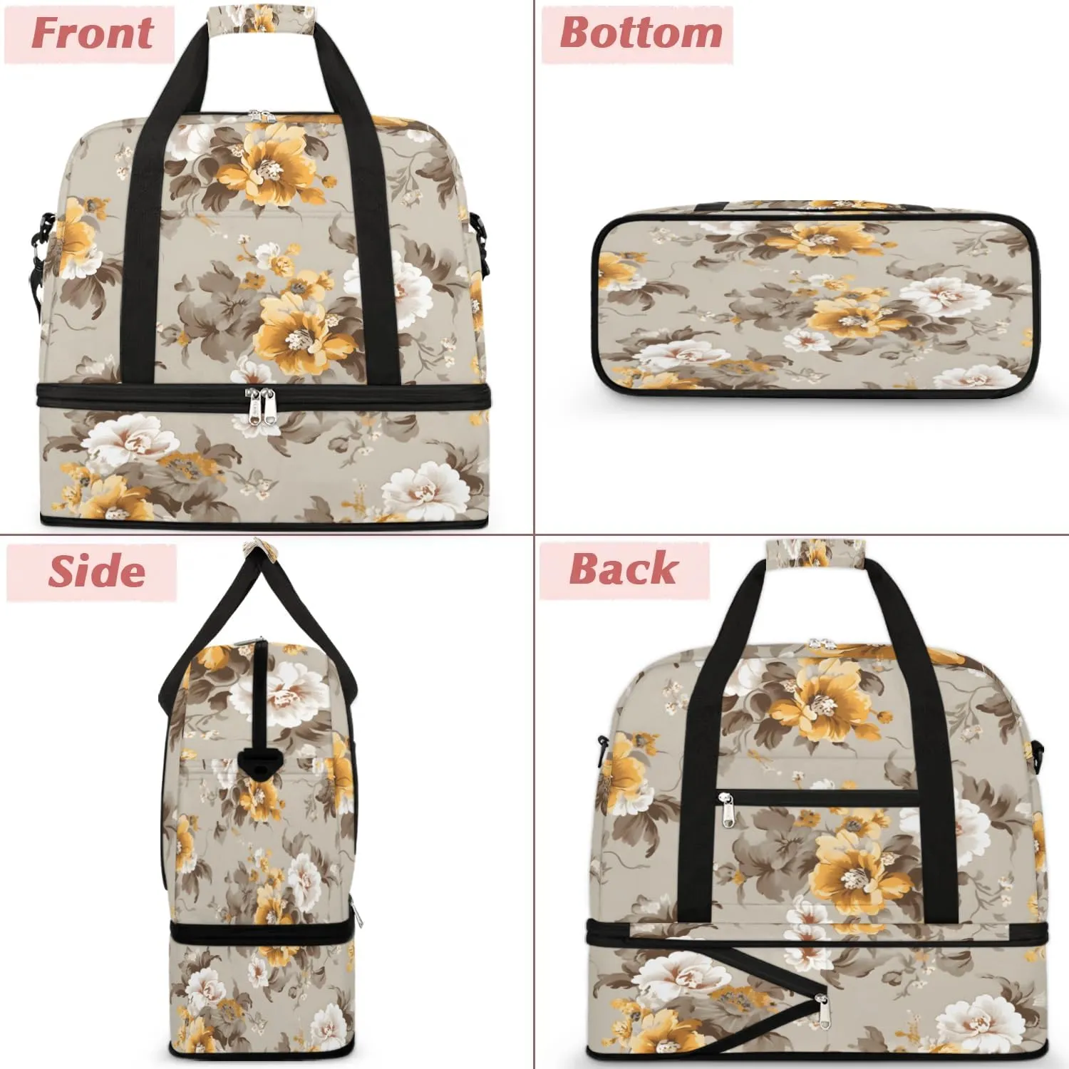 Delicate Retro Flora Prints Travel Duffle Bag, Collapsible Travel Bag Sports Gym Bag With Shoes Compartment Weekender Bag Overnight Bag For Women Men