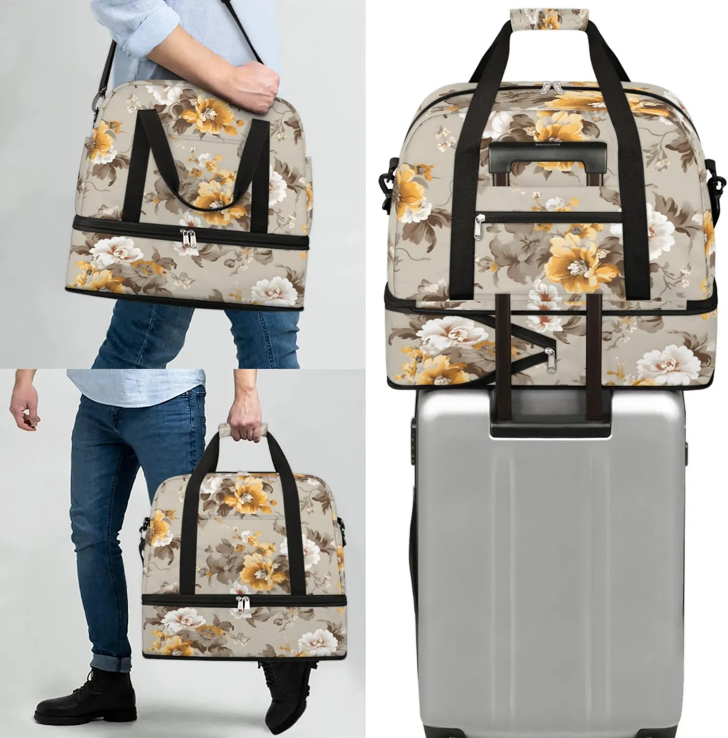 Delicate Retro Flora Prints Travel Duffle Bag, Collapsible Travel Bag Sports Gym Bag With Shoes Compartment Weekender Bag Overnight Bag For Women Men
