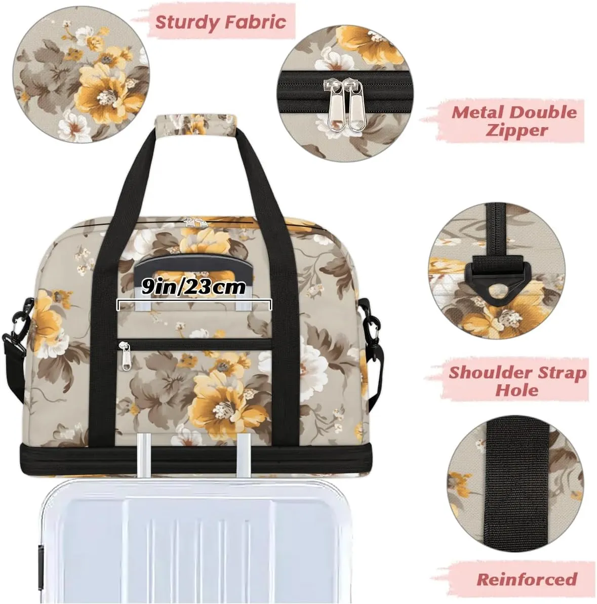 Delicate Retro Flora Prints Travel Duffle Bag, Collapsible Travel Bag Sports Gym Bag With Shoes Compartment Weekender Bag Overnight Bag For Women Men