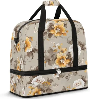 Delicate Retro Flora Prints Travel Duffle Bag, Collapsible Travel Bag Sports Gym Bag With Shoes Compartment Weekender Bag Overnight Bag For Women Men