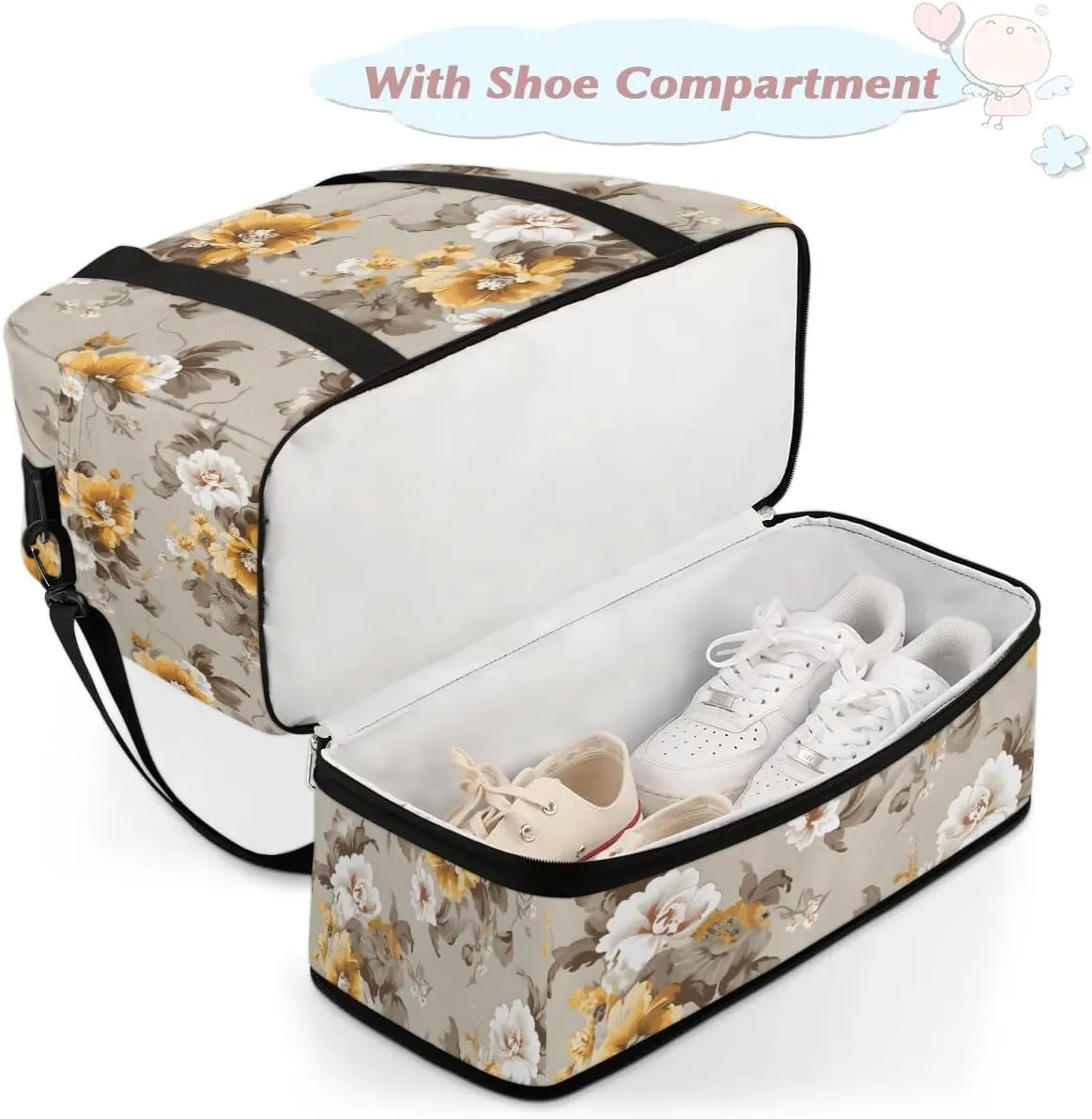 Delicate Retro Flora Prints Travel Duffle Bag, Collapsible Travel Bag Sports Gym Bag With Shoes Compartment Weekender Bag Overnight Bag For Women Men