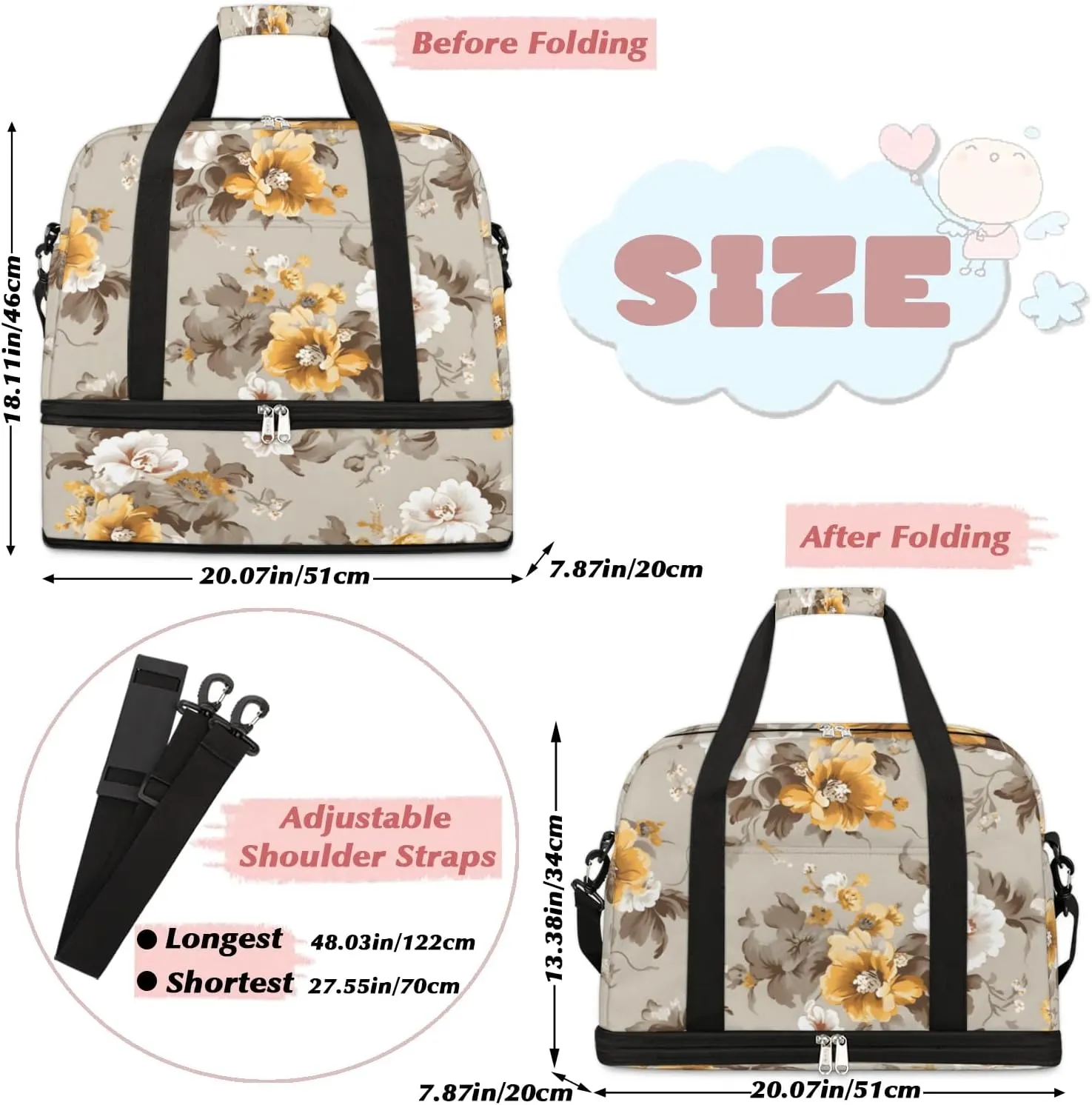 Delicate Retro Flora Prints Travel Duffle Bag, Collapsible Travel Bag Sports Gym Bag With Shoes Compartment Weekender Bag Overnight Bag For Women Men
