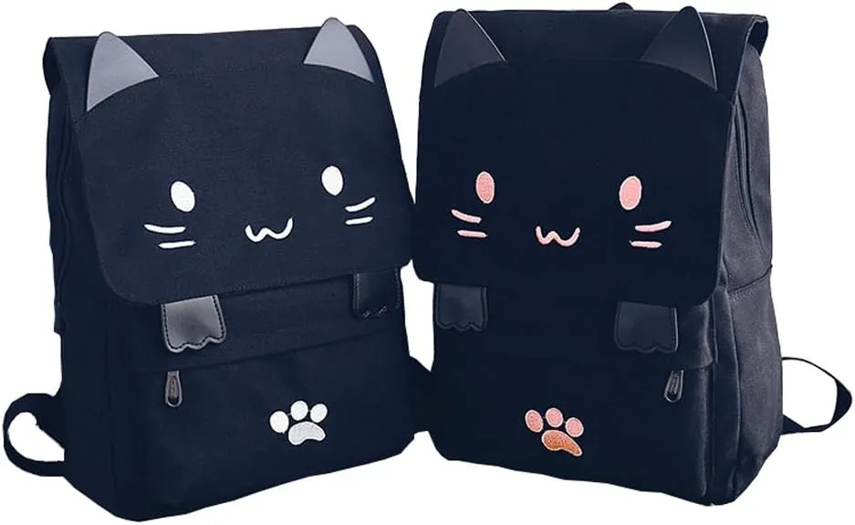 DemonChest Black College Cute Cat Embroidery Canvas School Backpack Bags for Kids Kitty(White)