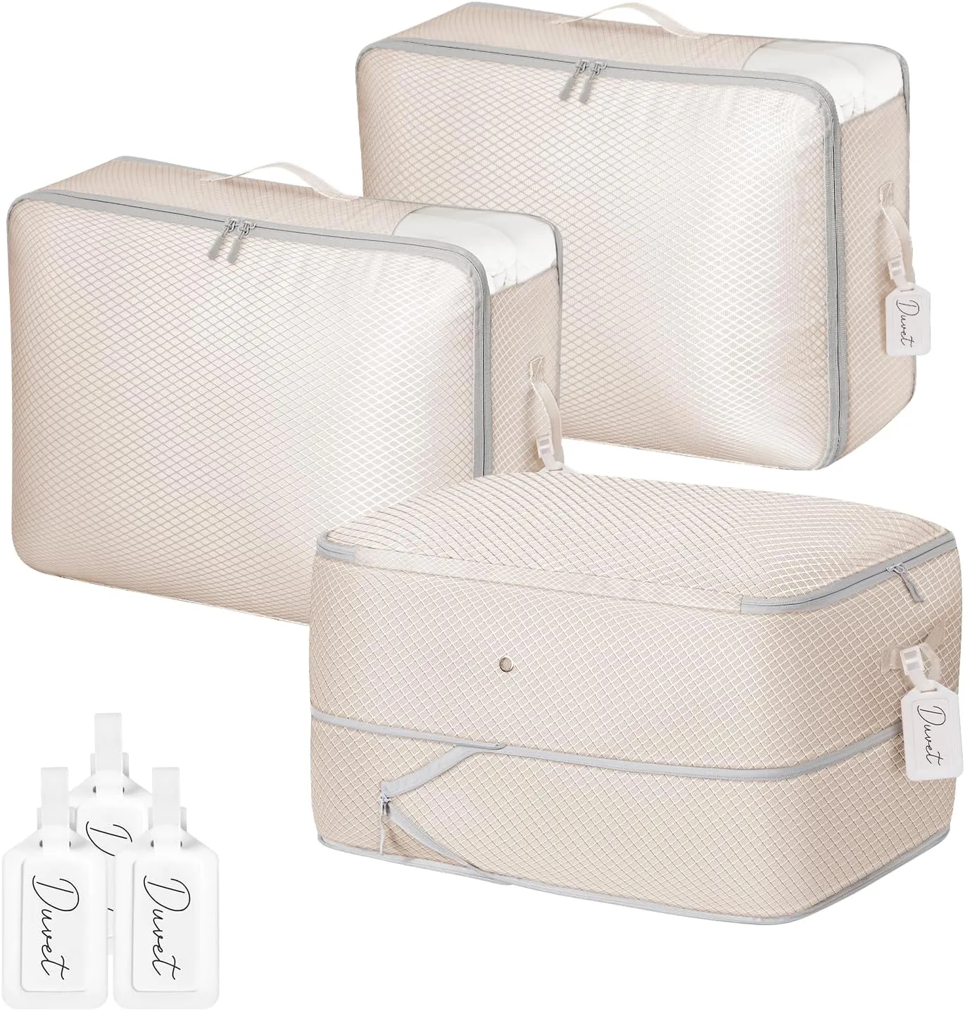 DIMJ 66L Comforter Storage Bag - 3-Pack Space-Saving Self-Compression Bags for Blankets, Duvets, Pillows, Bedding, and Down Jackets with Clear Window and Handle