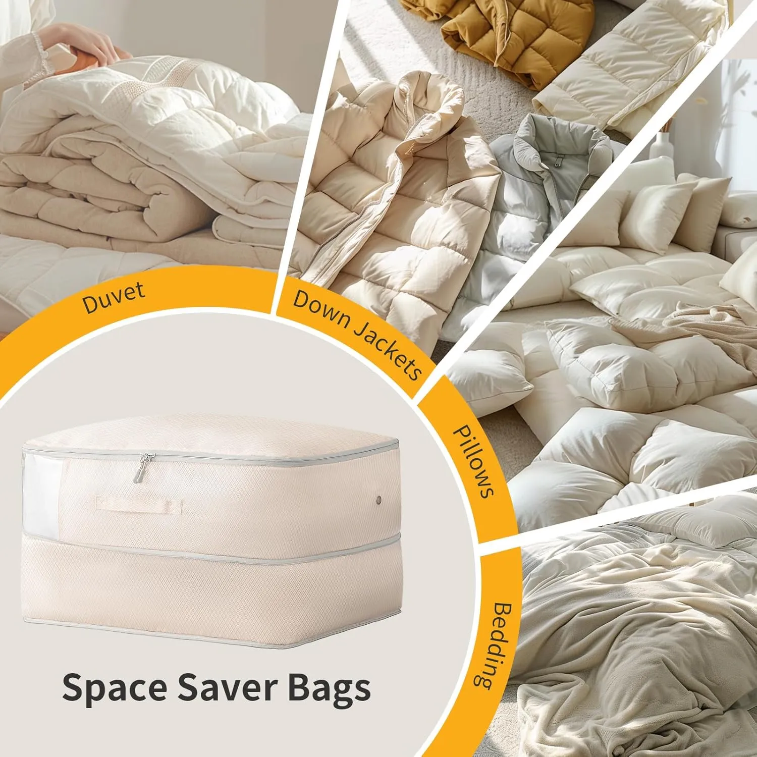 DIMJ 66L Comforter Storage Bag - 3-Pack Space-Saving Self-Compression Bags for Blankets, Duvets, Pillows, Bedding, and Down Jackets with Clear Window and Handle