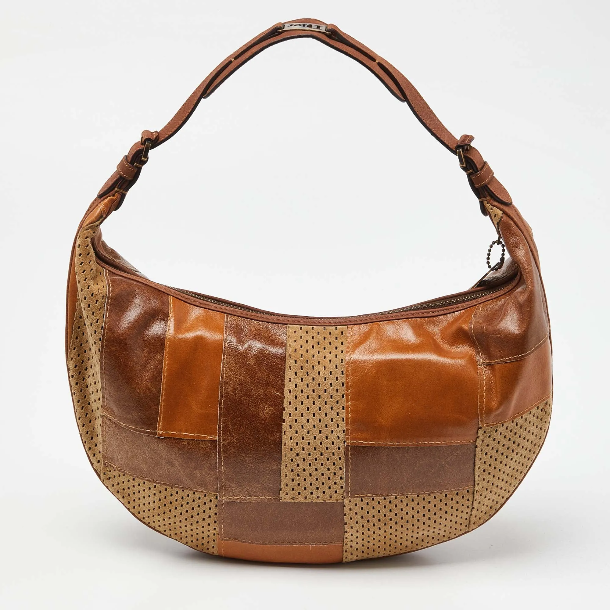 DIOR Brown Perforated Suede and Leather Patchwork Hobo
