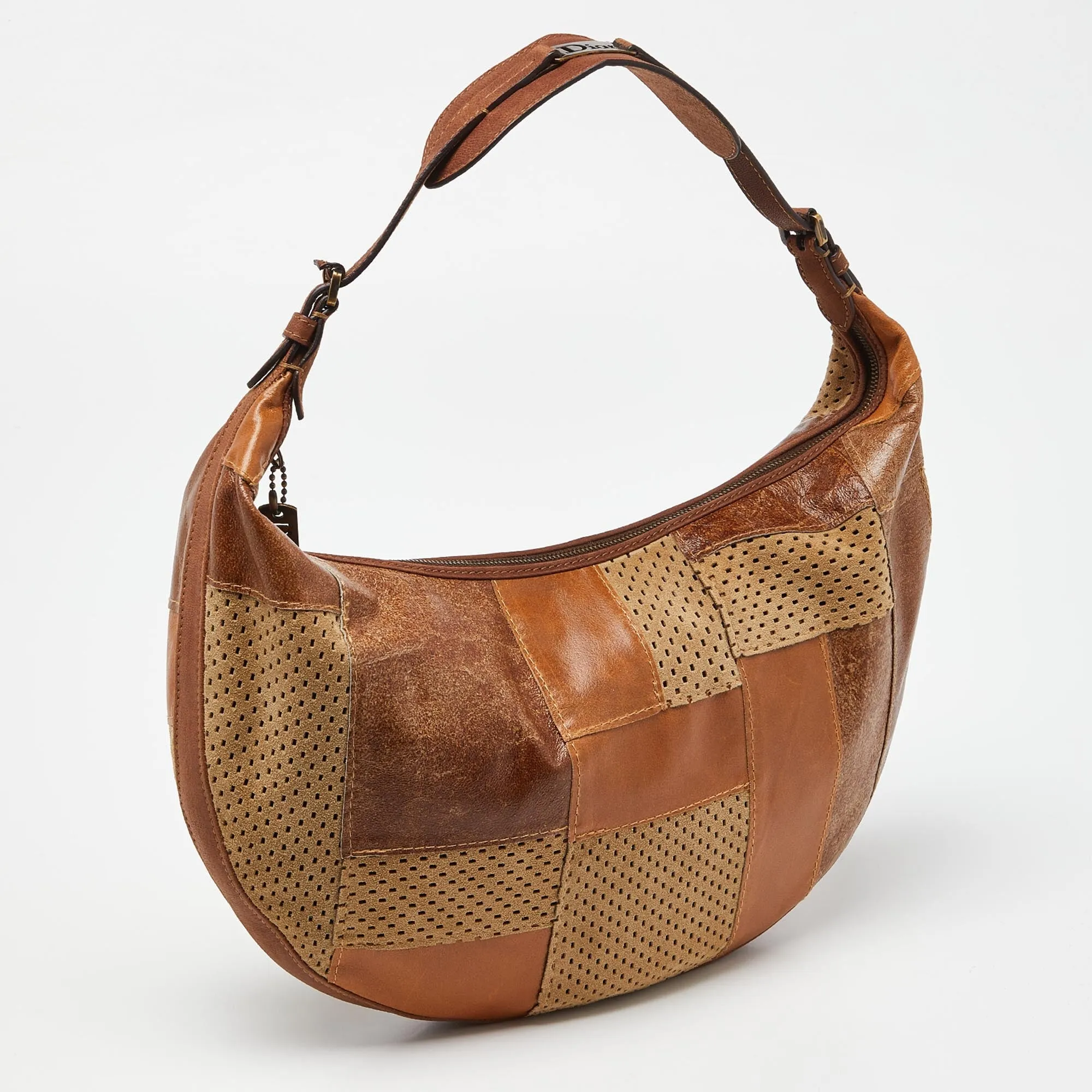 DIOR Brown Perforated Suede and Leather Patchwork Hobo